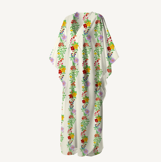 V‑Neck Blossom Trail Kimono Sleeve Kaftan Dress