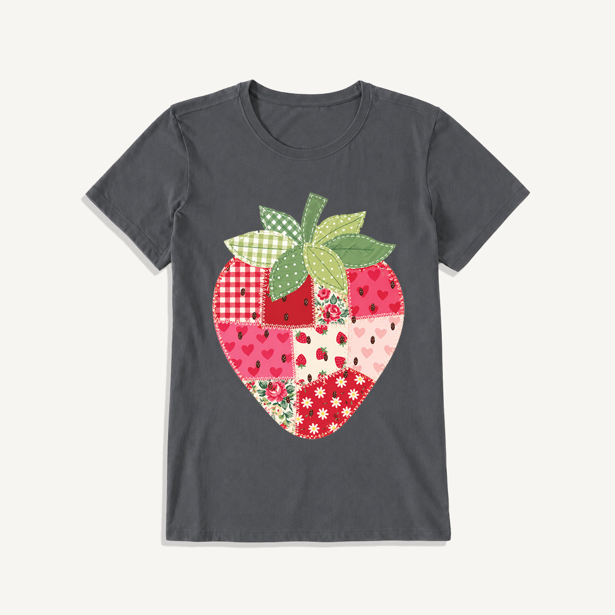 Folk Patchwork Strawberry Print Crew Neck Cotton Tee