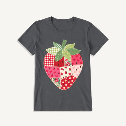 Folk Patchwork Strawberry Print Crew Neck Cotton Tee