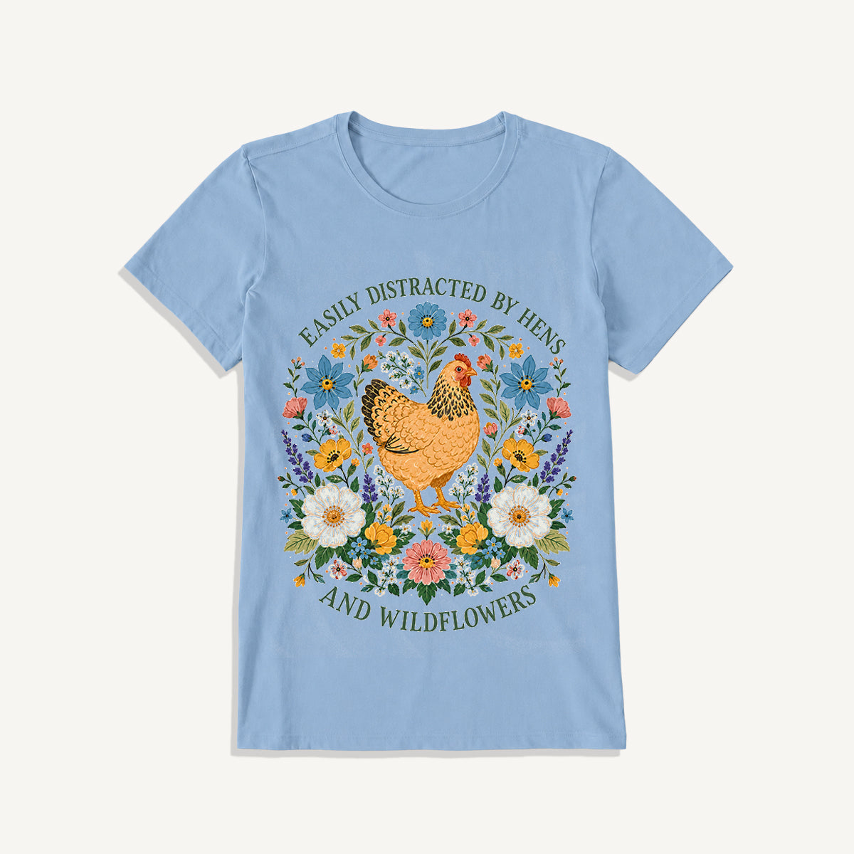 Hen and Wildflowers Cottage Print Crew Neck Cotton Tee