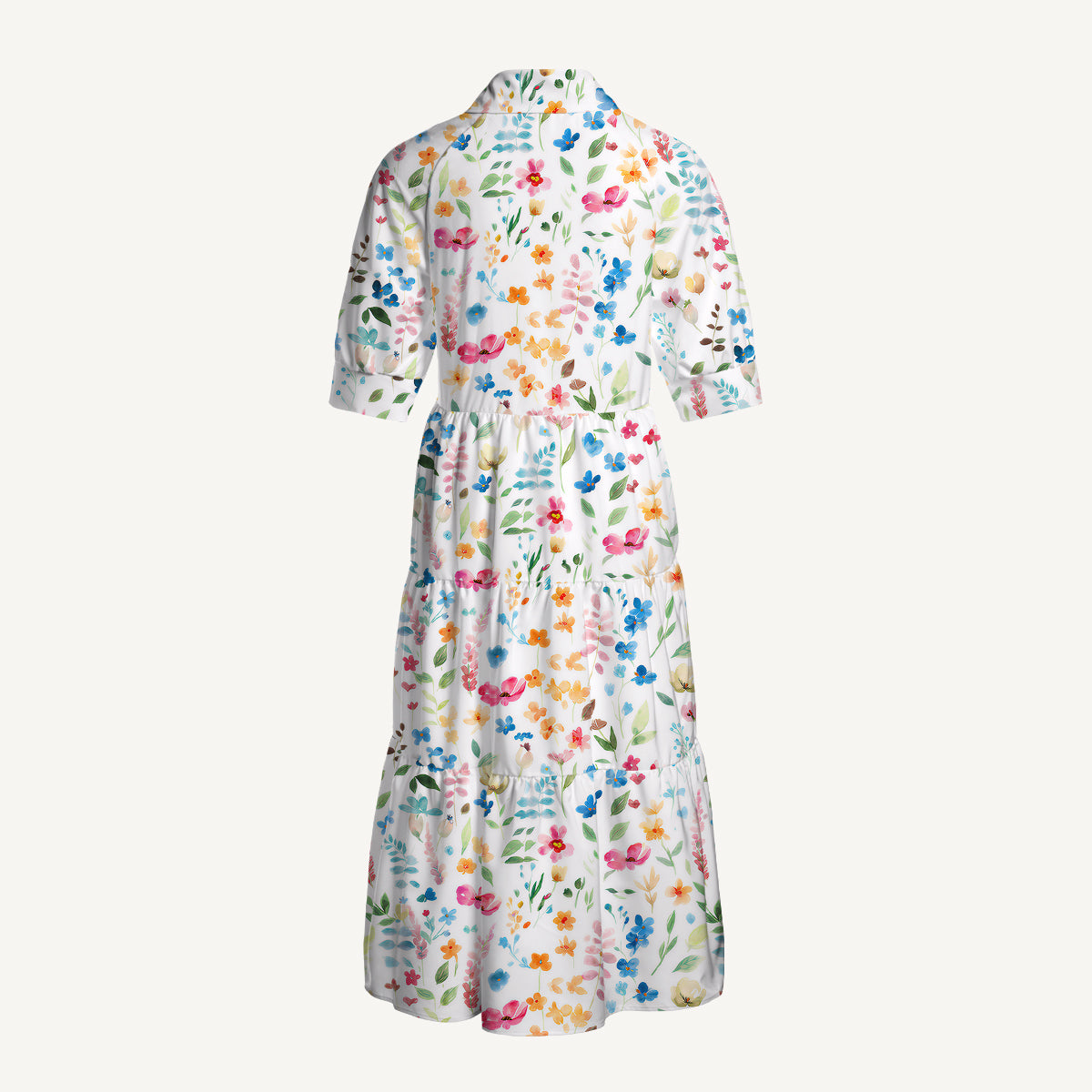 V Neck Collared Wildflower Dream Print Casual Midi Dress With Pockets