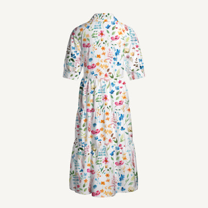 V Neck Collared Wildflower Dream Print Casual Midi Dress With Pockets