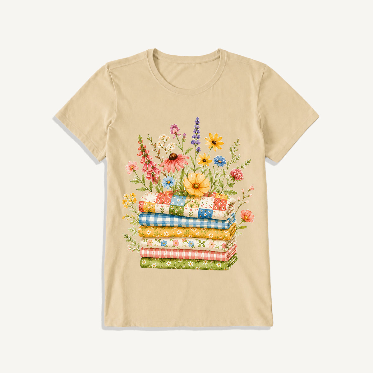 Cozy Floral Quilt Stack Print Crew Neck Cotton Tee