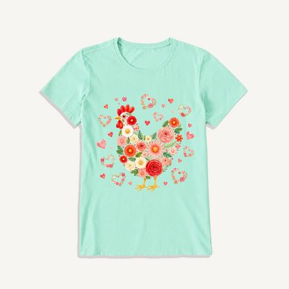 Blooms Floral Chicken Print Crew Neck Cotton Tee