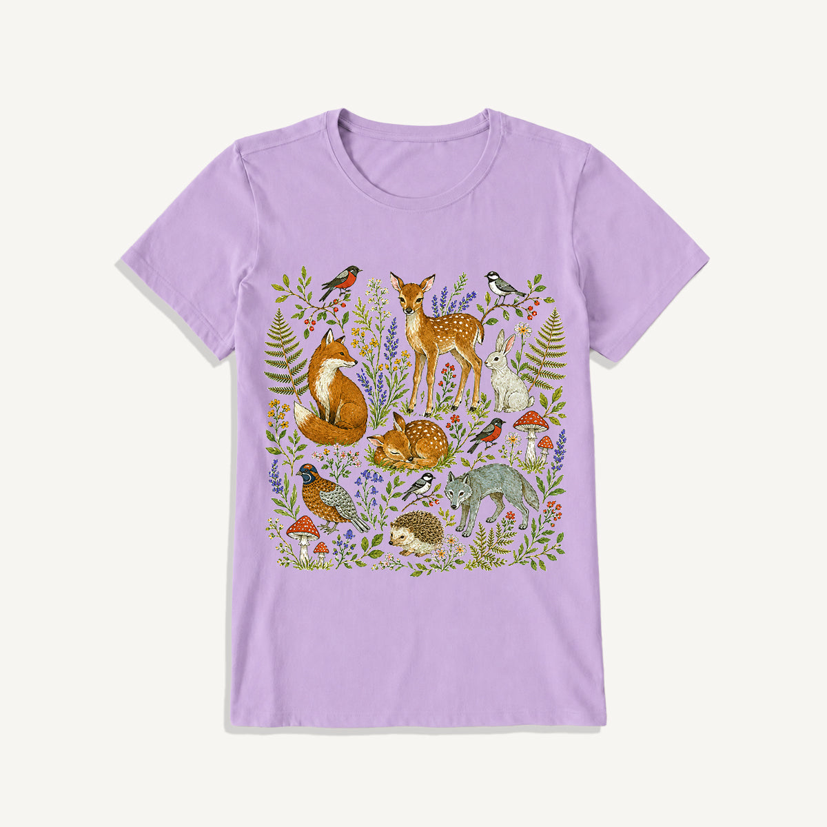 Woodland Garden Friends Print Crew Neck Cotton Tee