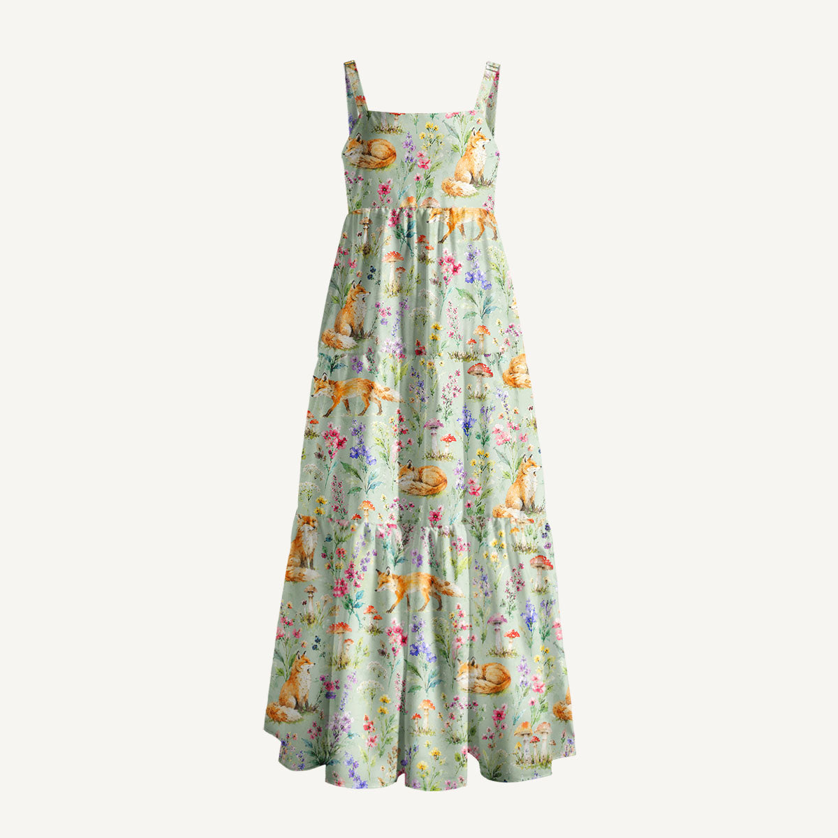Woodland Fox Blooms Print Wide Straps Maxi Dress With Pockets