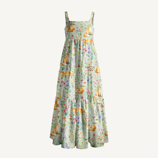 Woodland Fox Blooms Print Wide Straps Maxi Dress With Pockets