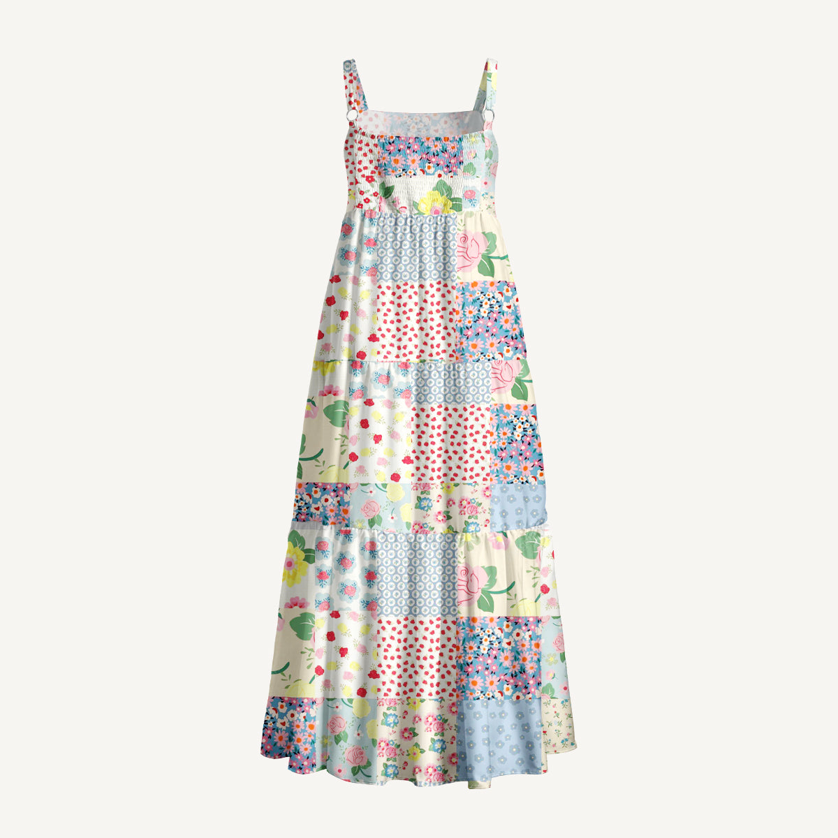 Spring Blossom Patchwork Print Wide Straps Maxi Dress With Pockets