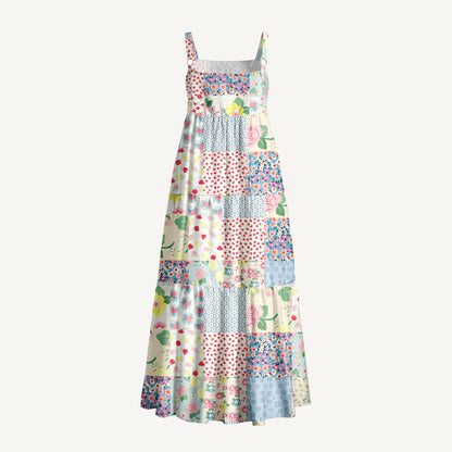 Spring Blossom Patchwork Print Wide Straps Maxi Dress With Pockets