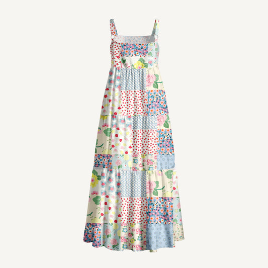 Spring Blossom Patchwork Print Wide Straps Maxi Dress With Pockets
