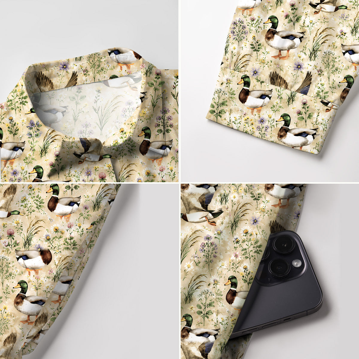 V Neck Collared Watercolor Mallard Ducks Mini Dress For Women With Pockets