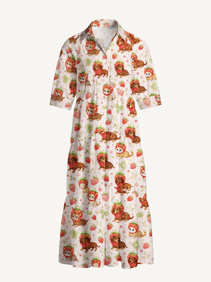V Neck Collared Strawberry-Sweet Puppies and Kittens Print Casual Midi Dress With Pockets
