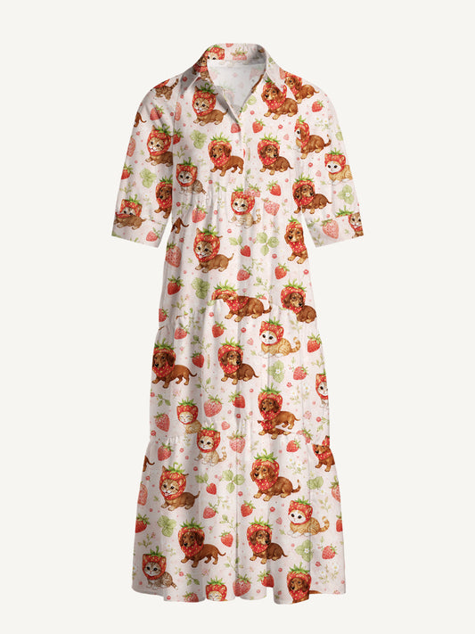 V Neck Collared Strawberry-Sweet Puppies and Kittens Print Casual Midi Dress With Pockets
