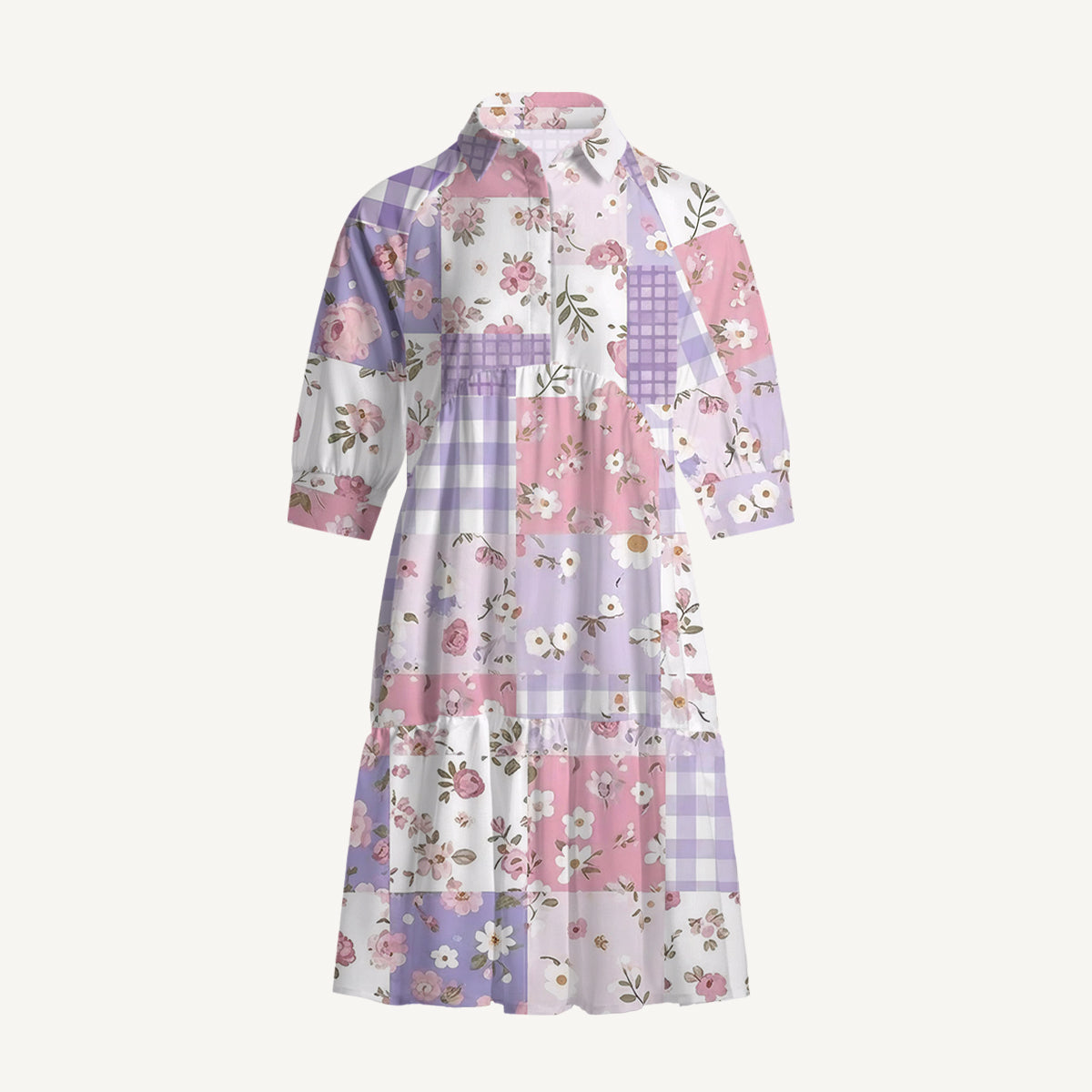 V Neck Collared Sweet Cottage Patchwork Print Mini Dress For Women With Pockets