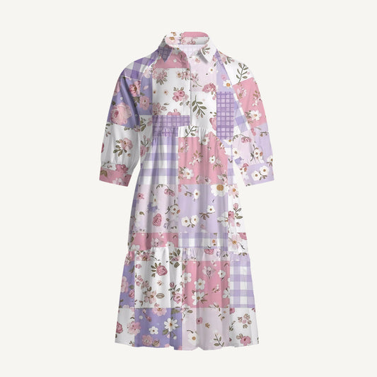 V Neck Collared Sweet Cottage Patchwork Print Mini Dress For Women With Pockets