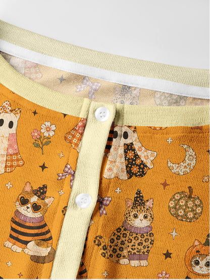 Lightweight Crew Neck Long‑Sleeve Cropped Spooky Retro Kittens Print Fine‑Knit Cardigan