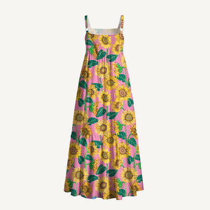 Vibrant Sunflower Floral Print Wide Straps Maxi Dress With Pockets