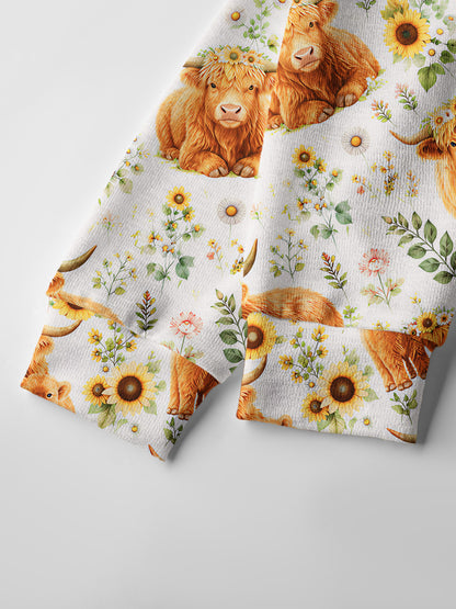 Lightweight Crew Neck Long‑Sleeve Cropped Spring Highland Cow Floral Print Fine‑Knit Cardigan
