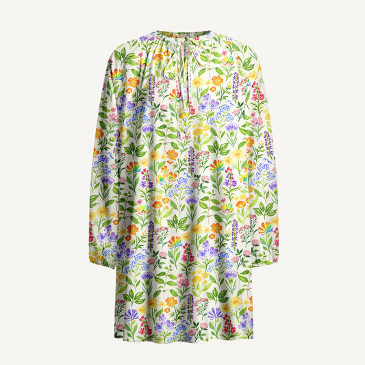 Colorful Wildflower Meadow Print Boho Long Sleeve Tie‑Neck Smock Mini Dress
