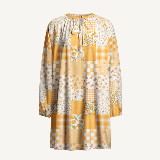 Lemon Sunshine Patchwork Print Boho Tie‑Neck Smock Mini Dress