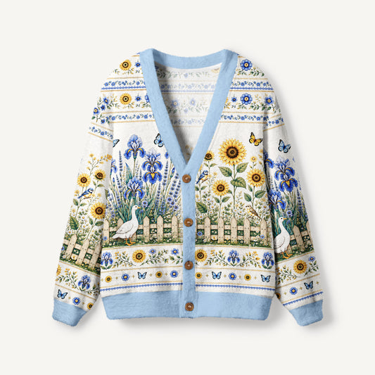 Blue Meadow Sunflower & Iris Print Ugly Cardigan Sweaters