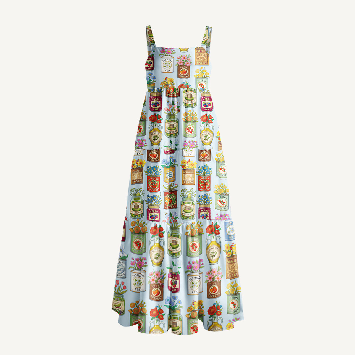 Vintage Pantry Label Print Wide Straps Maxi Dress With Pockets