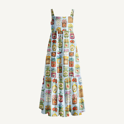 Vintage Pantry Label Print Wide Straps Maxi Dress With Pockets