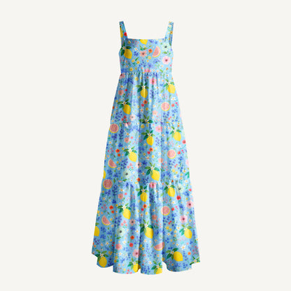 Lemon Blossom Garden Print Wide Straps Maxi Dress With Pockets