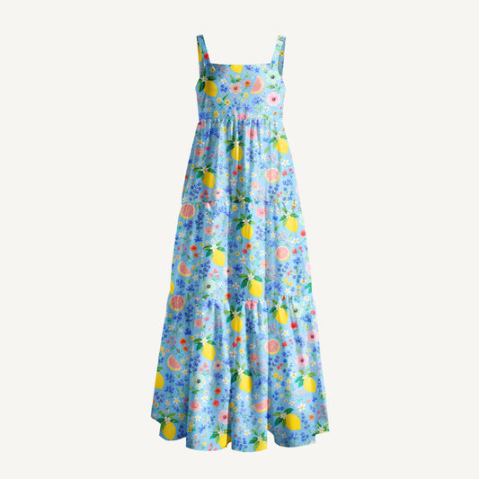 Lemon Blossom Garden Print Wide Straps Maxi Dress With Pockets