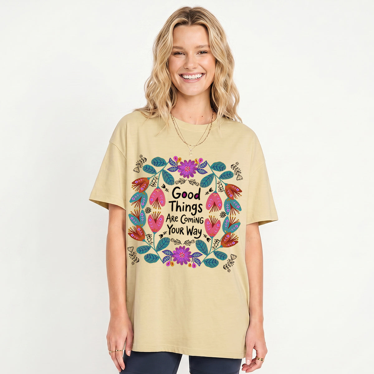 Good Things Are Coming Your Way Print Crew Neck Cotton Tee