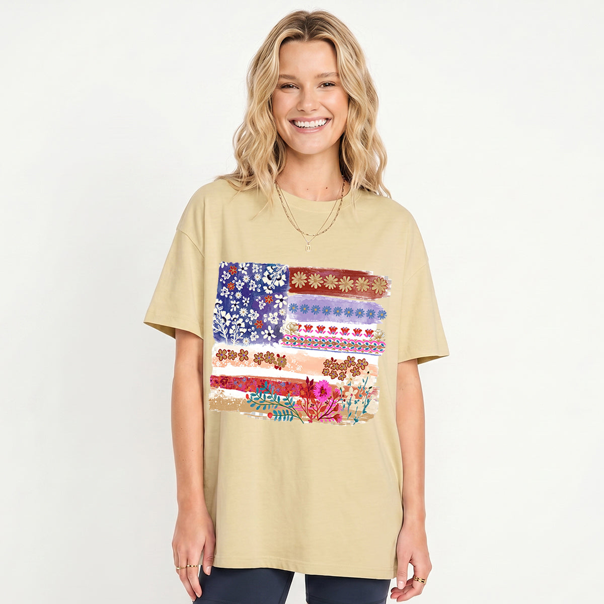 Flower Flag Print Crew Neck Cotton Tee