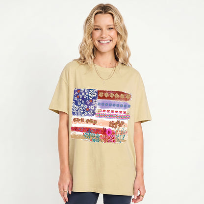 Flower Flag Print Crew Neck Cotton Tee
