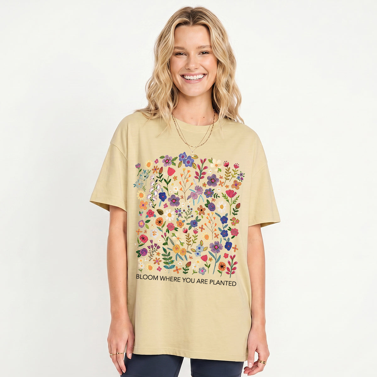 Bloom Where You Are Planted Print Crew Neck Cotton Tee
