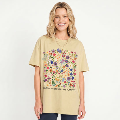 Bloom Where You Are Planted Print Crew Neck Cotton Tee