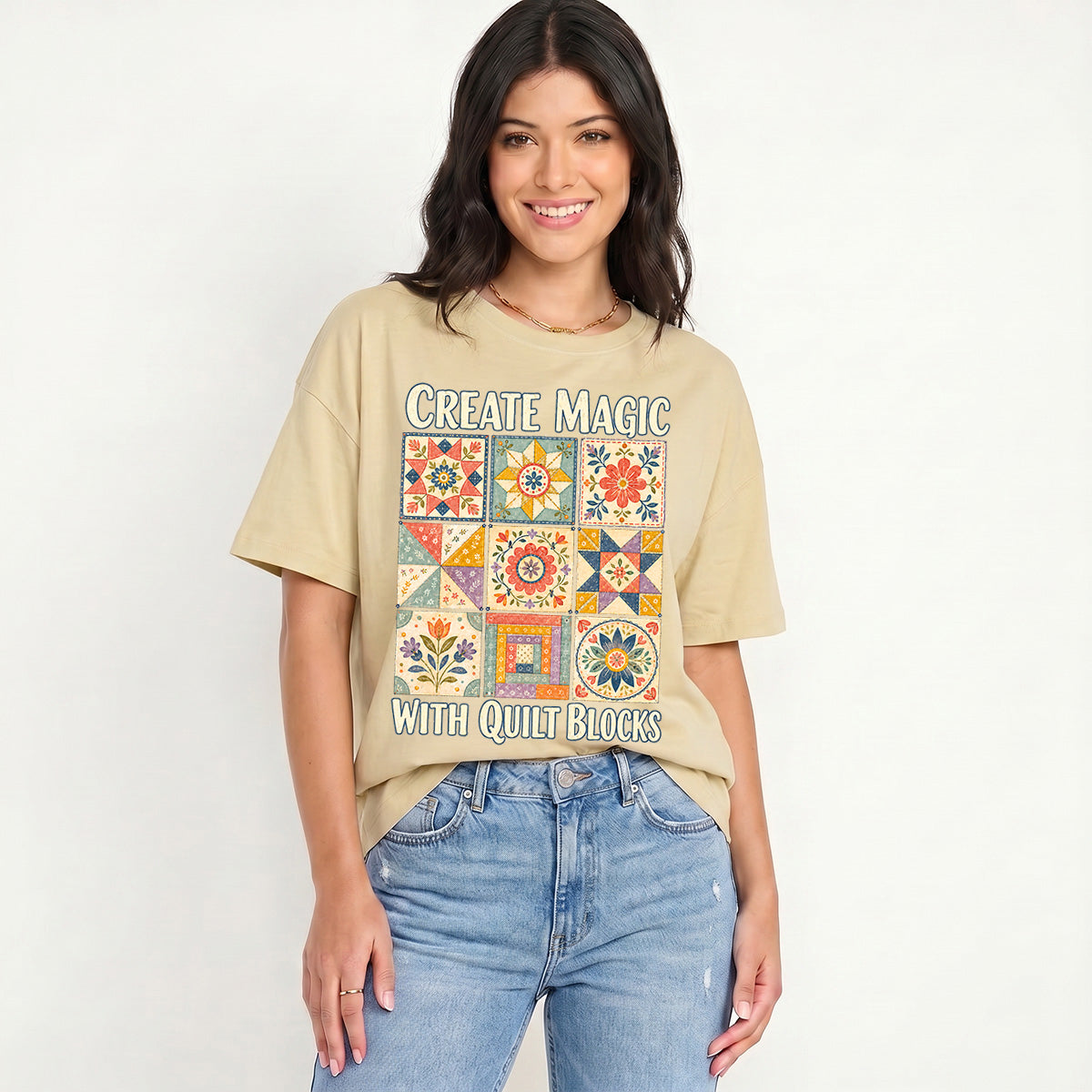Magic Quilt Blocks Print Crew Neck Cotton Tee