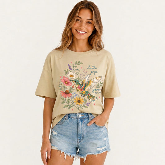 Floral Hummingbird Garden Print Crew Neck Cotton Tee