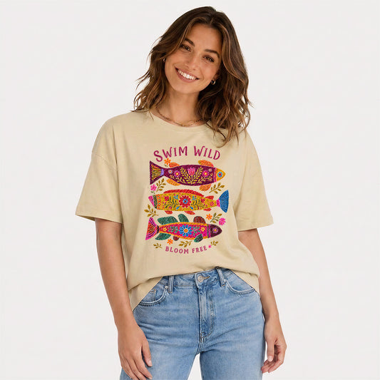 Folk Floral Fish Print Crew Neck Cotton Tee