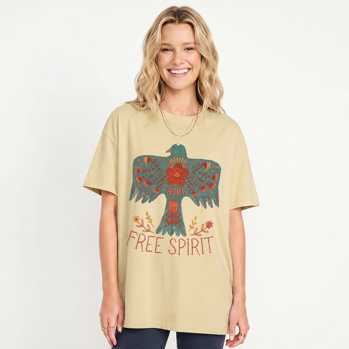 Boho Free Spirit Print Crew Neck Cotton Tee