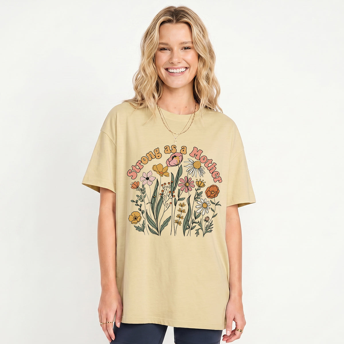 Strong As A Mother Print Crew Neck Cotton Tee