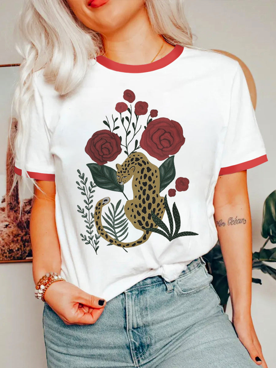 Retro Leopard Illustration Ringer Tee
