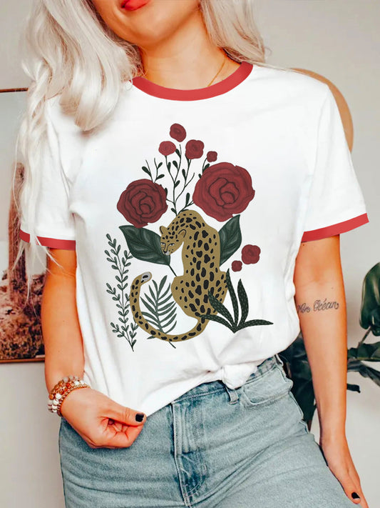 Retro Leopard Illustration Ringer Tee