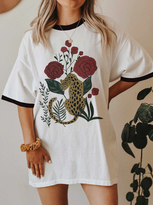 Retro Leopard Illustration Ringer Tee