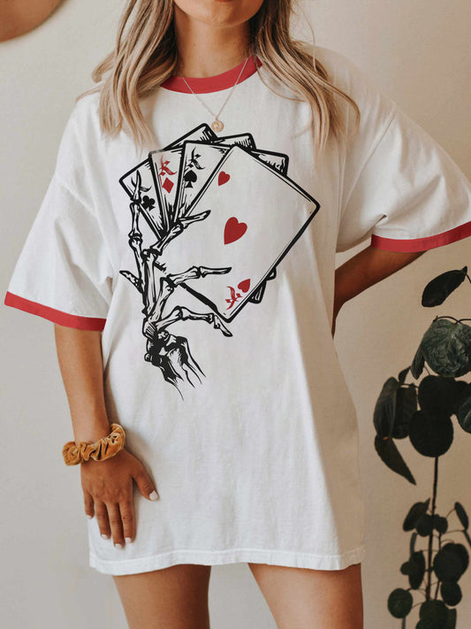 Vintage Skull Hand & Poker Card Ringer Tee