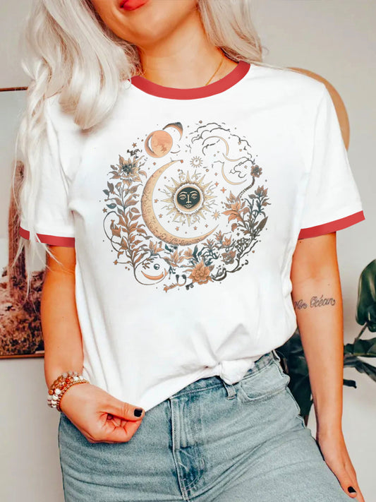 Vintage Mystic Moon And Sun Floral Ringer Tee