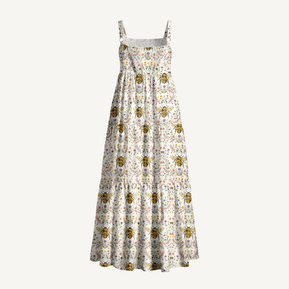 Bee Floral Print Wide Straps Maxi Dress With Pockets