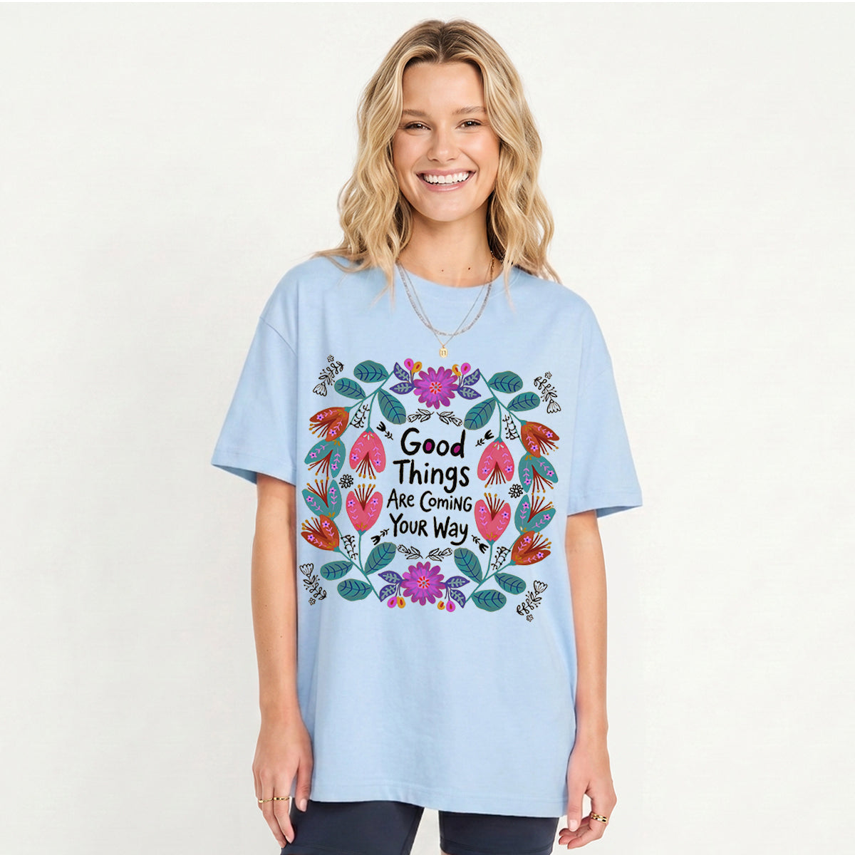 Good Things Are Coming Your Way Print Crew Neck Cotton Tee