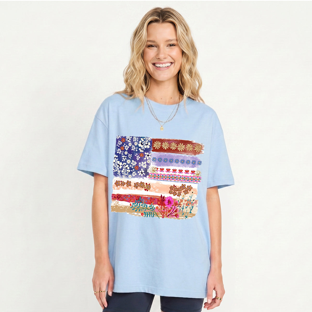 Flower Flag Print Crew Neck Cotton Tee