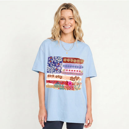 Flower Flag Print Crew Neck Cotton Tee