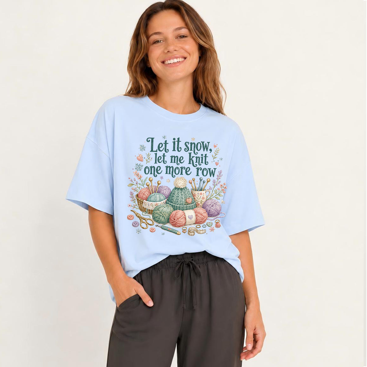 Cozy Snowy Knit Rows Print Crew Neck Cotton Tee