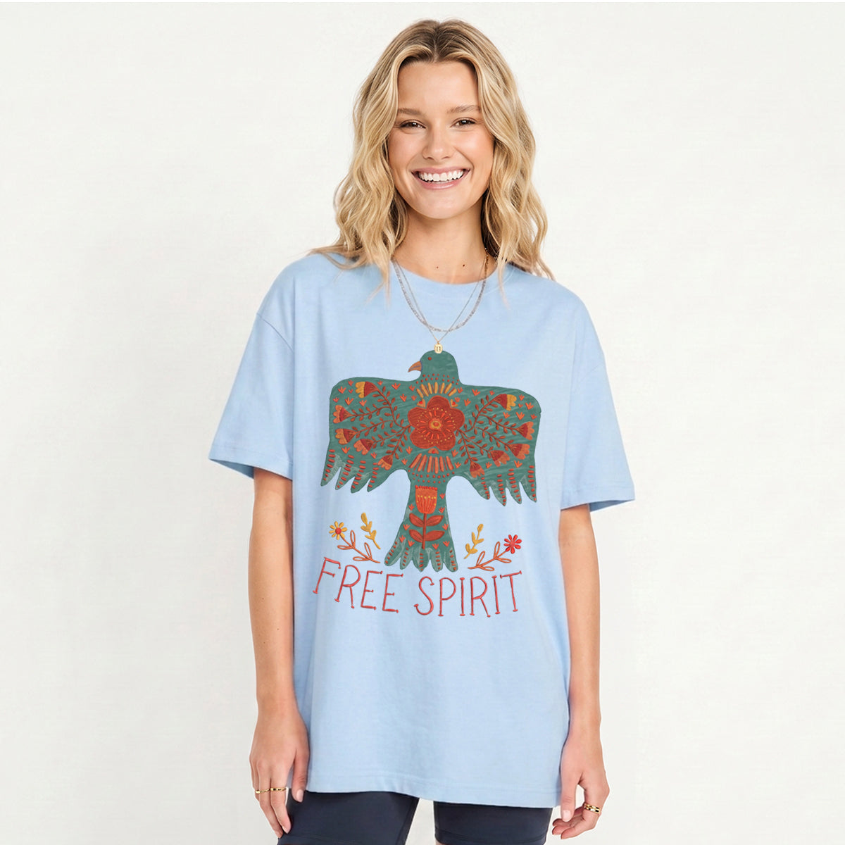 Boho Free Spirit Print Crew Neck Cotton Tee